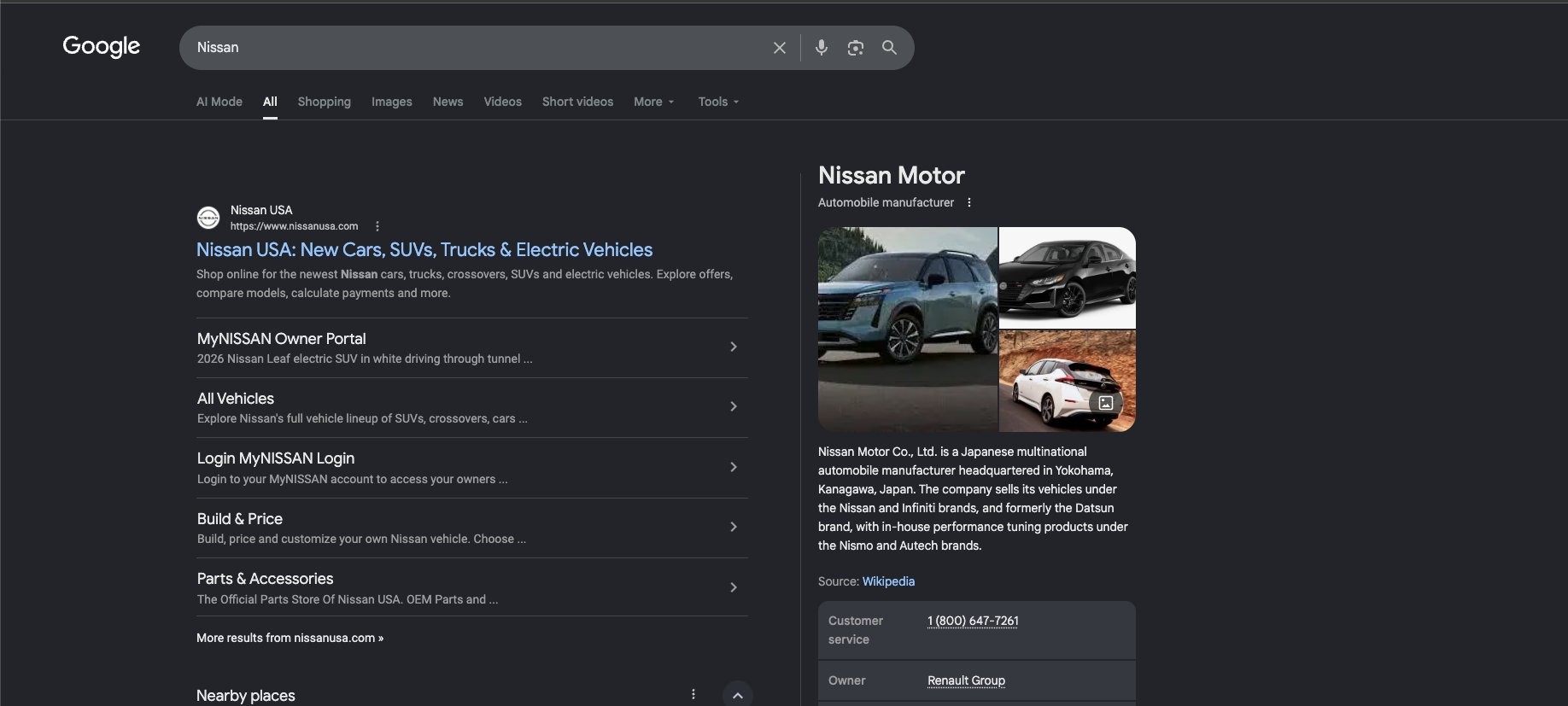 Google results for the search Nissan: the top result is nissanusa.com with links to the owner portal, all vehicles, login, build and price, and parts, alongside a company information panel. There is no AI Overview.