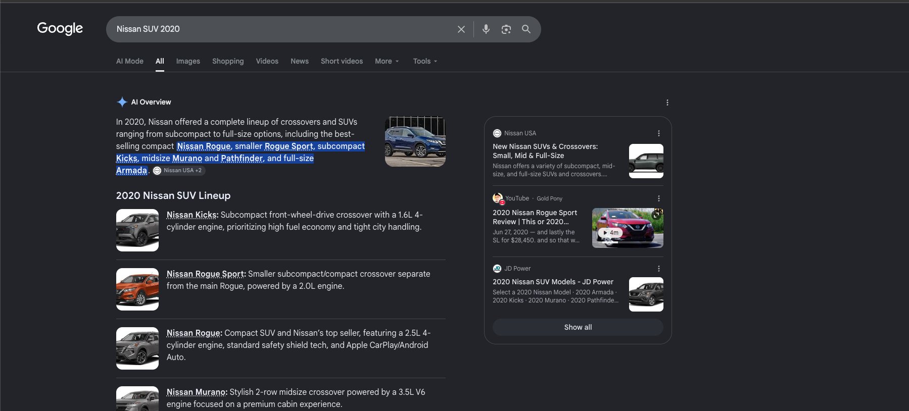 Google results for the search Nissan SUV 2020: an AI Overview fills the page, summarising the 2020 lineup and listing the Kicks, Rogue Sport, Rogue and Murano with descriptions of each, with cited sources in a panel to the right.